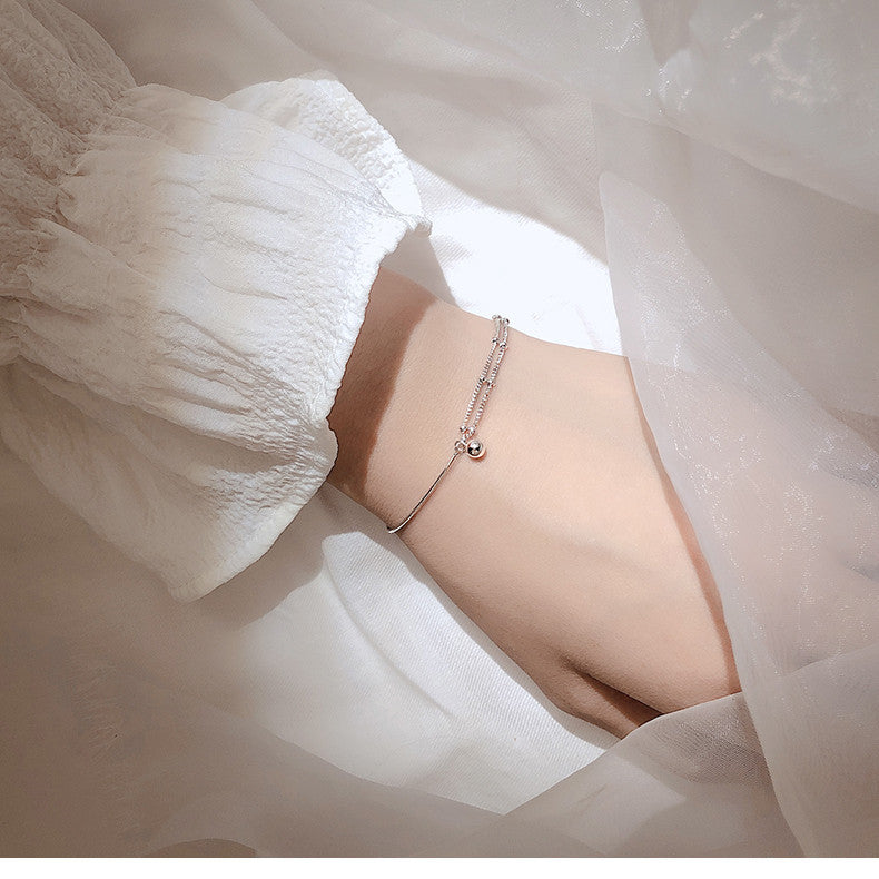 Pure Silver Full-body Minimalist Style Asymmetrical Double Layer Bracelet With Transfer Beads