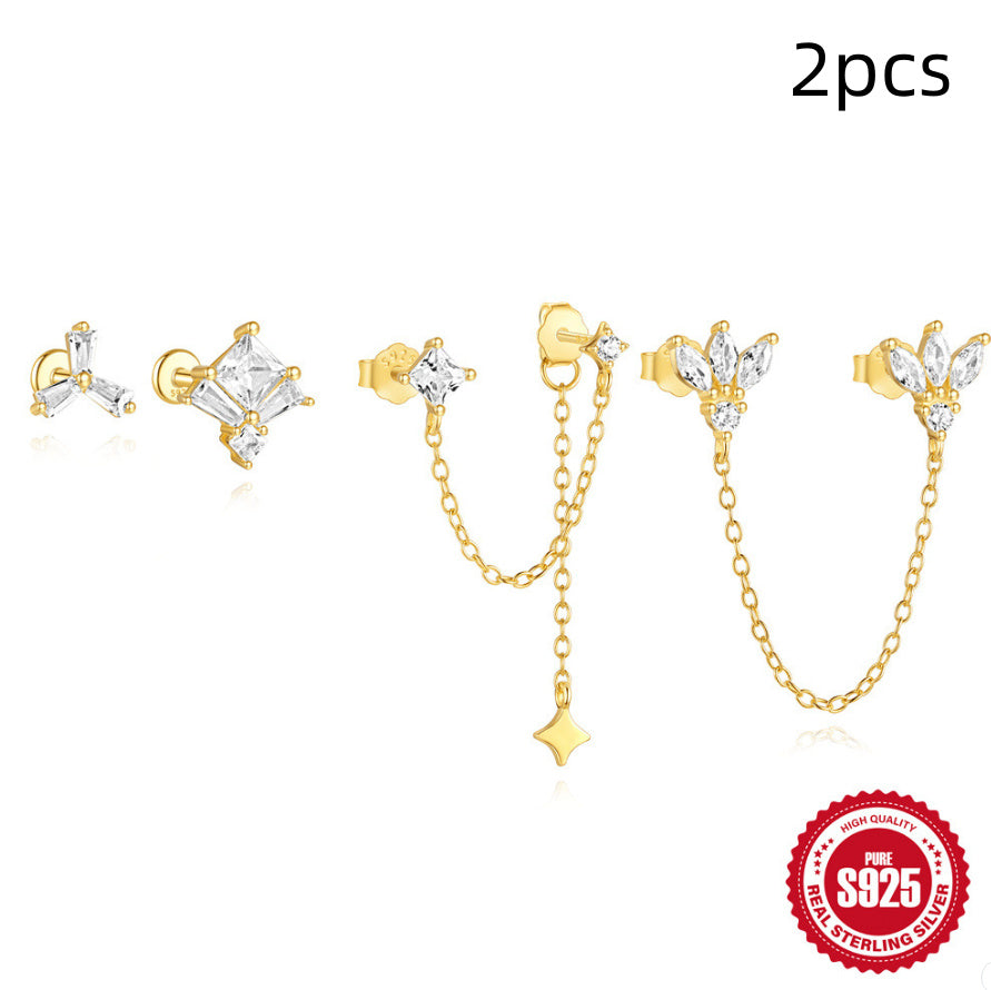 New S925 Sterling Silver Double Ear Piercings Zircon Chain Stud Earrings