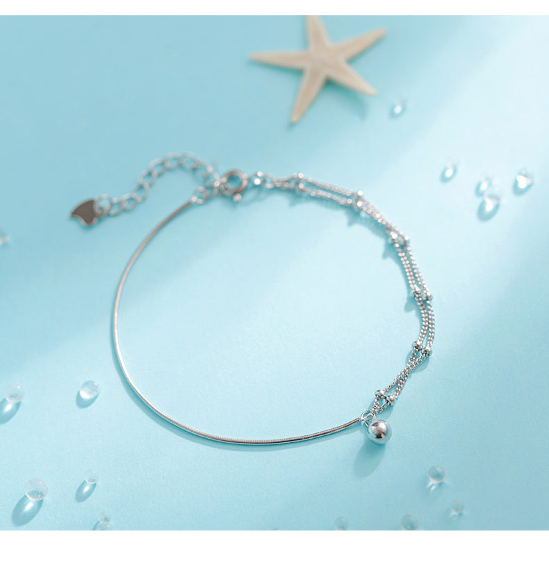 Pure Silver Full-body Minimalist Style Asymmetrical Double Layer Bracelet With Transfer Beads