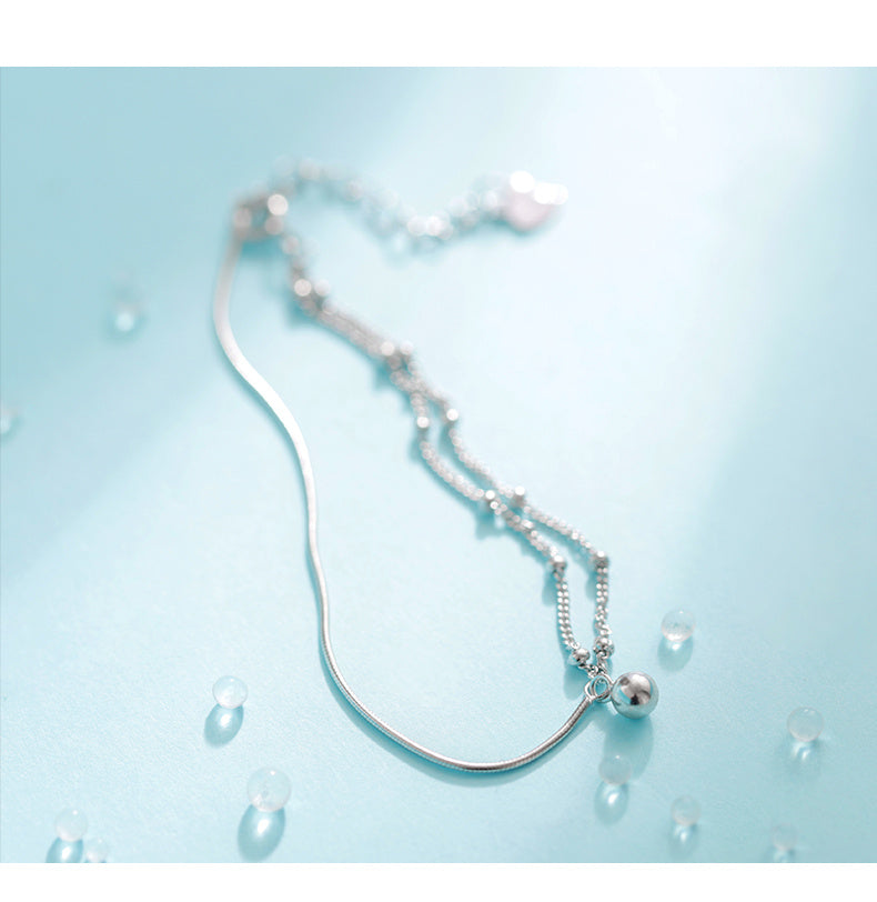 Pure Silver Full-body Minimalist Style Asymmetrical Double Layer Bracelet With Transfer Beads