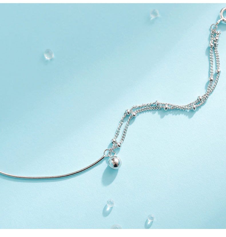 Pure Silver Full-body Minimalist Style Asymmetrical Double Layer Bracelet With Transfer Beads