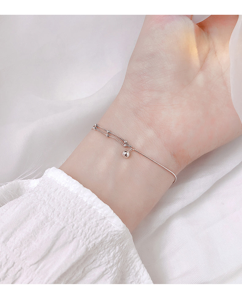 Pure Silver Full-body Minimalist Style Asymmetrical Double Layer Bracelet With Transfer Beads