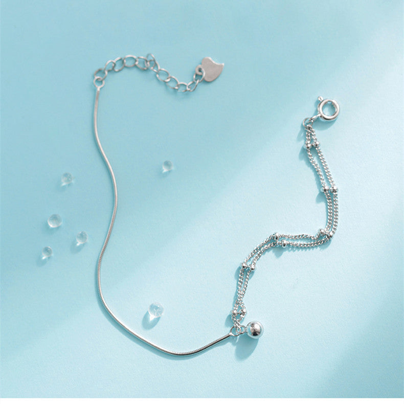 Pure Silver Full-body Minimalist Style Asymmetrical Double Layer Bracelet With Transfer Beads