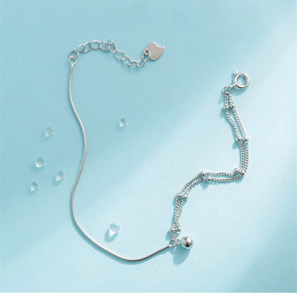 Pure Silver Full-body Minimalist Style Asymmetrical Double Layer Bracelet With Transfer Beads