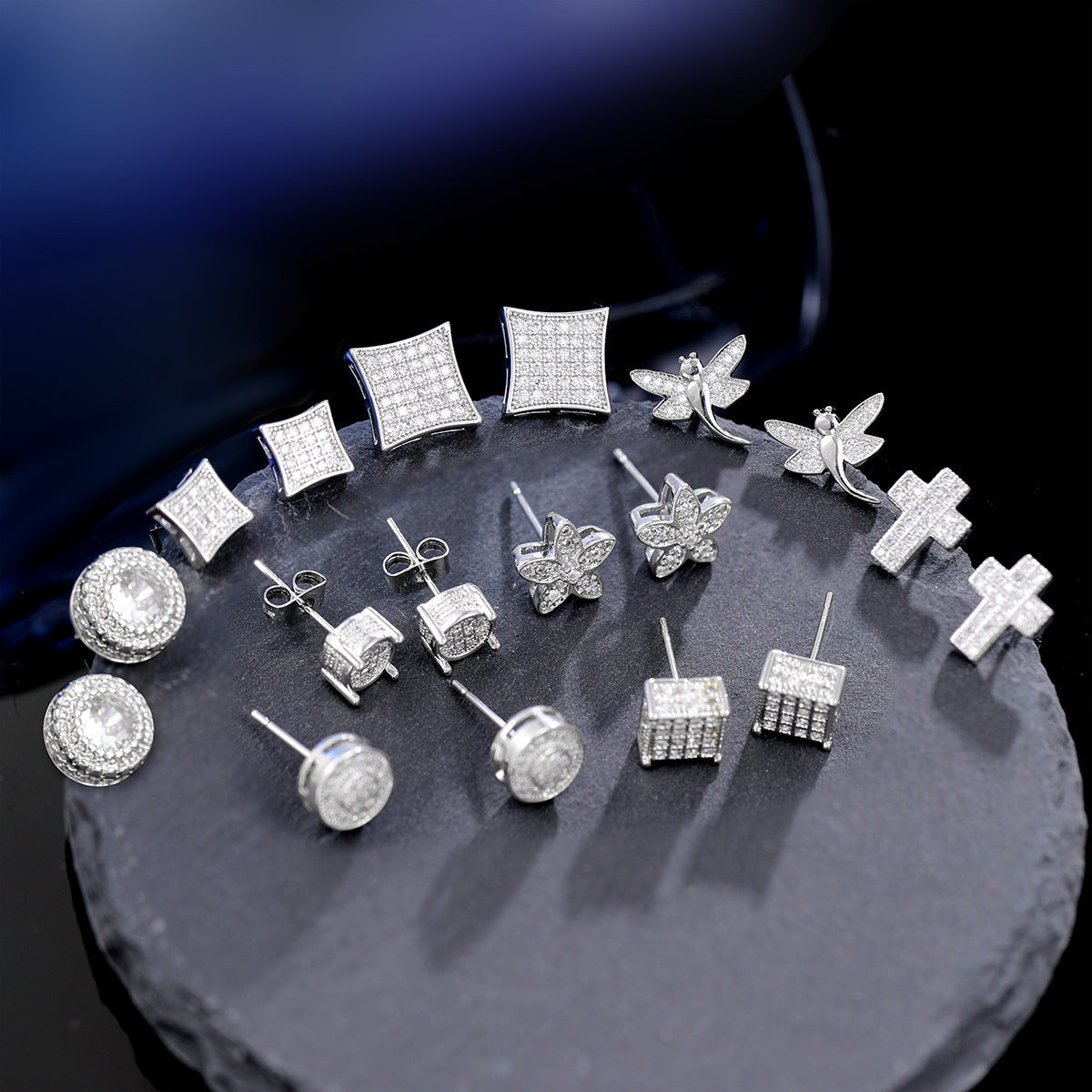 High-end Bezel Setting Round Zircon Micro Inlaid Zircon Multi-style Stud Earrings