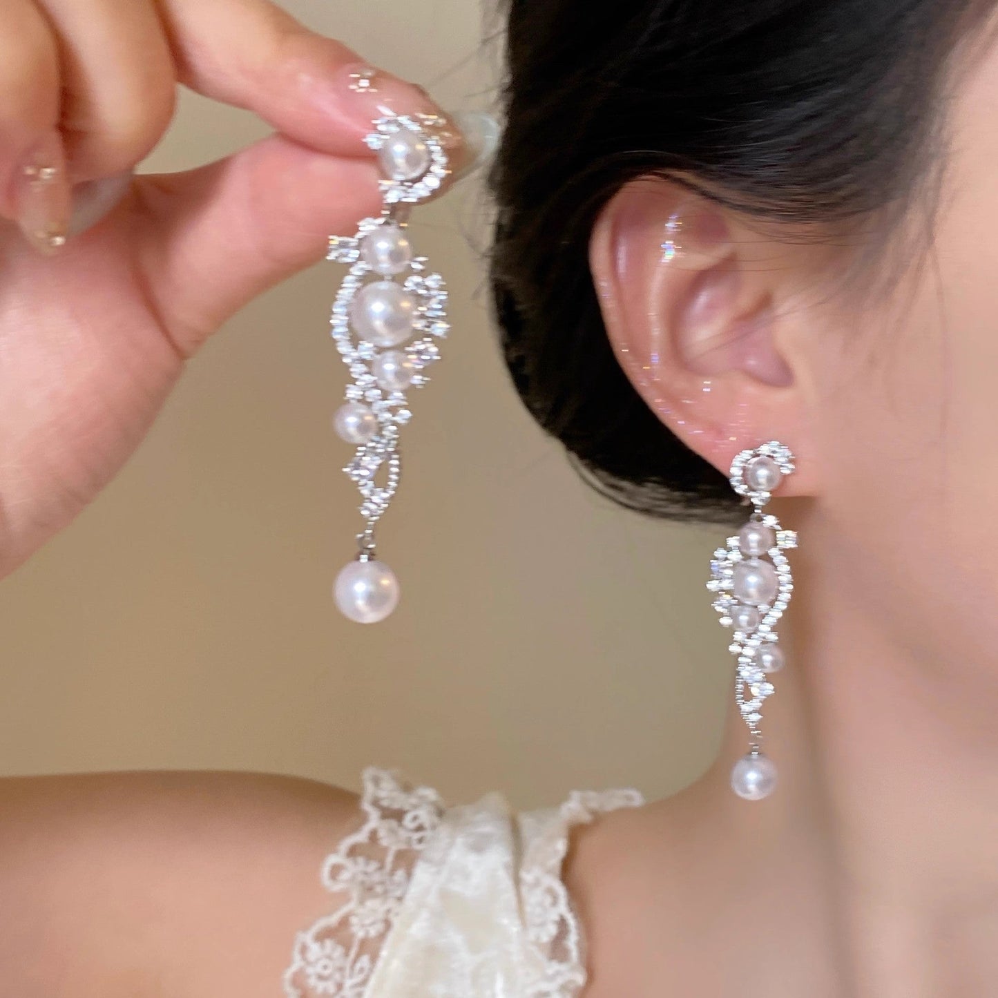 Zircon Pearl Tassel Light Luxury French High Sense Niche Temperament Vacation Style Earrings