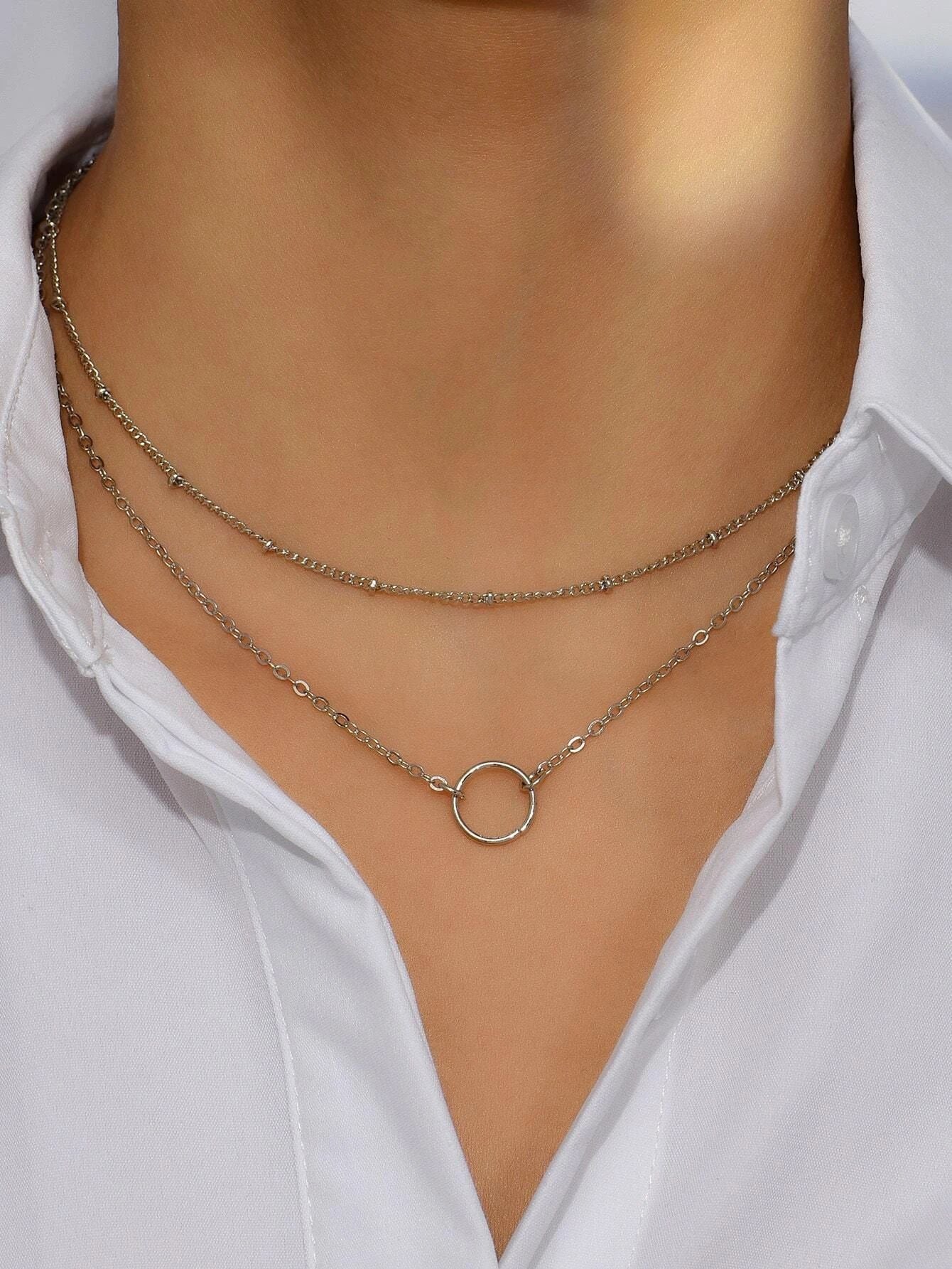 Simple Round Ring Pendant Multi-layer Chain Girls' Necklace