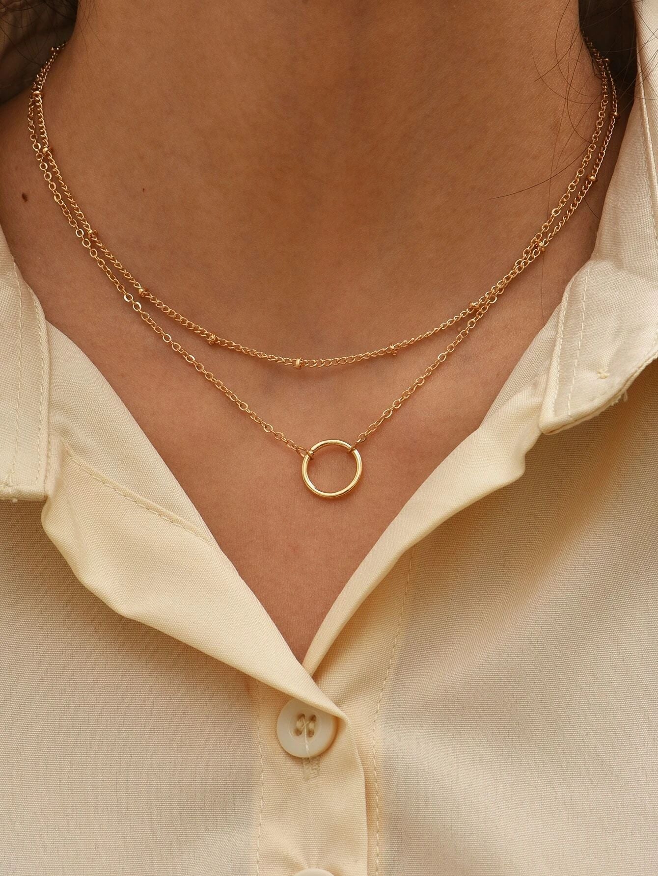 Simple Round Ring Pendant Multi-layer Chain Girls' Necklace