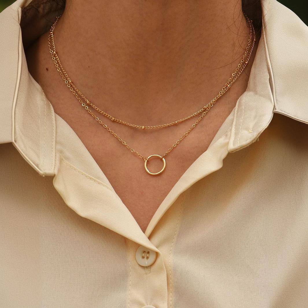 Simple Round Ring Pendant Multi-layer Chain Girls' Necklace