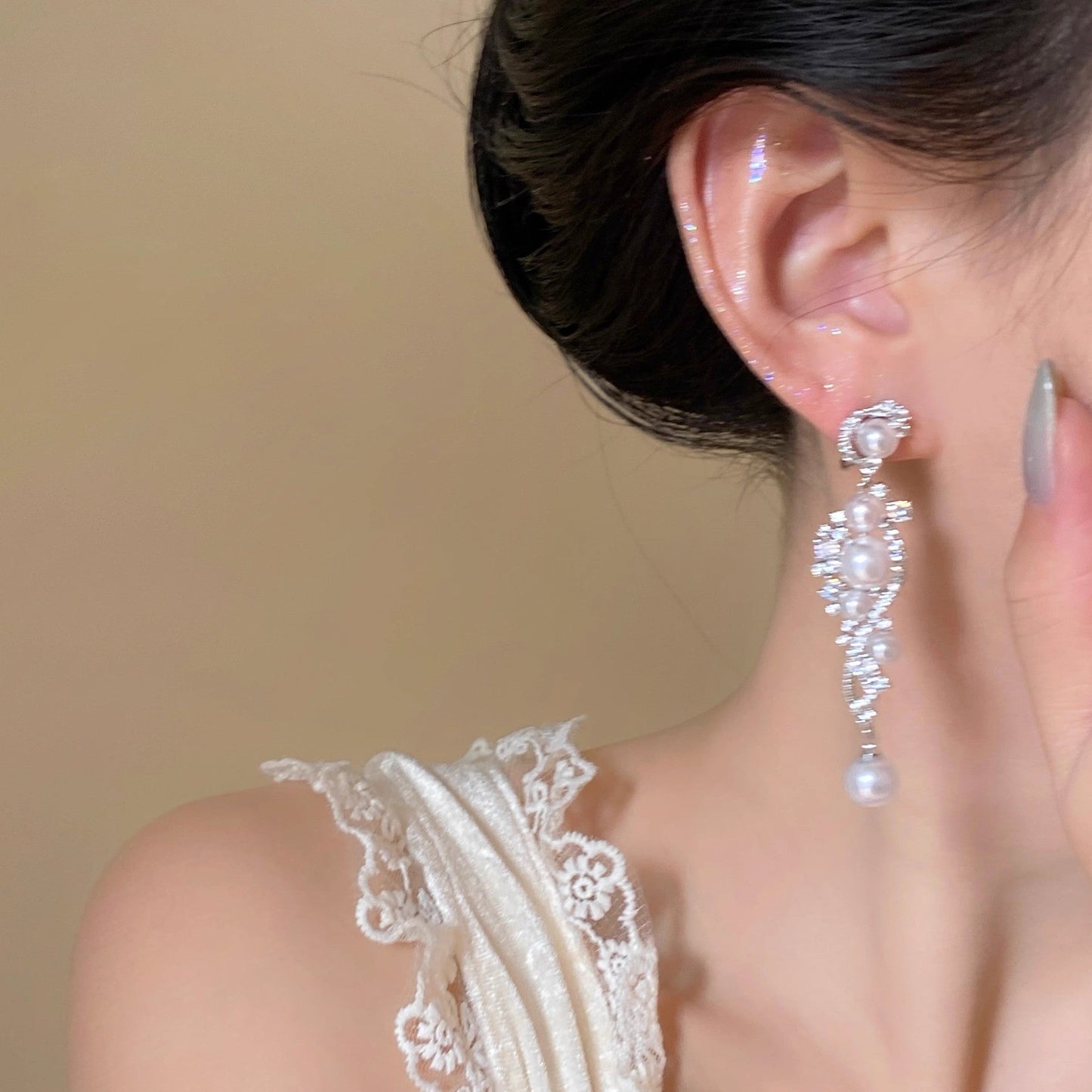 Zircon Pearl Tassel Light Luxury French High Sense Niche Temperament Vacation Style Earrings