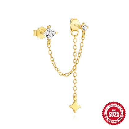 New S925 Sterling Silver Double Ear Piercings Zircon Chain Stud Earrings