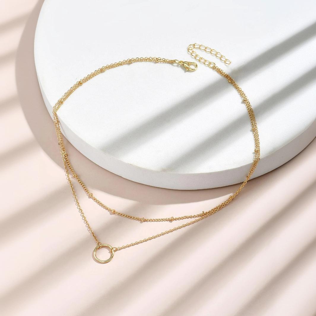 Simple Round Ring Pendant Multi-layer Chain Girls' Necklace