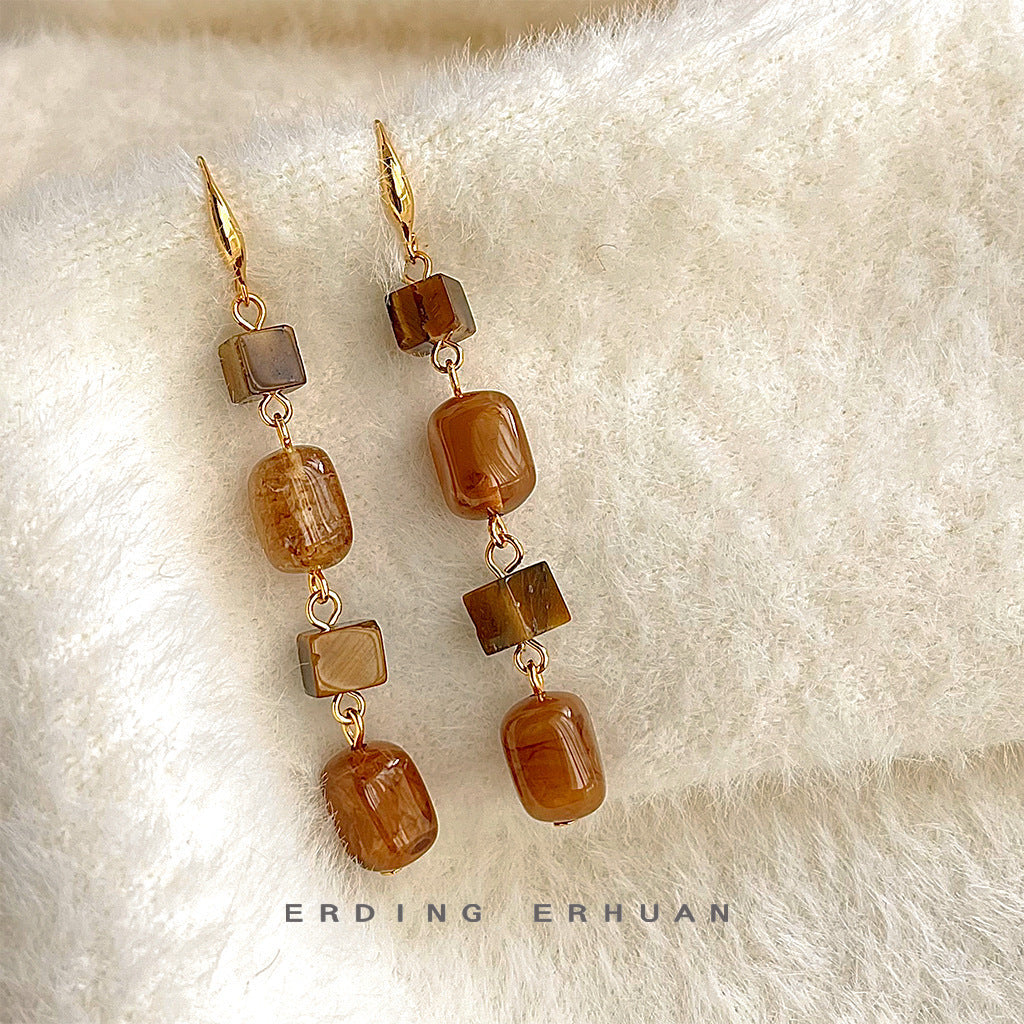 New Designer Model Tigereye Long Handmade Tassel Earrings