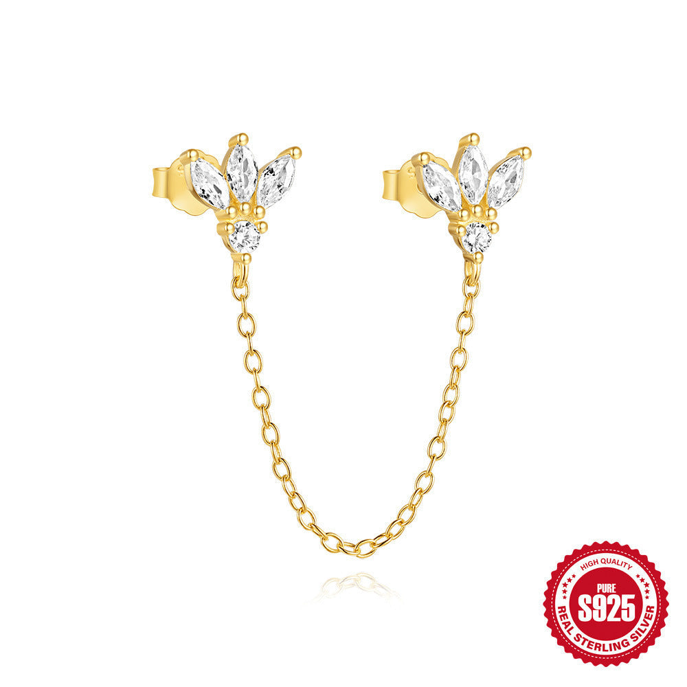 New S925 Sterling Silver Double Ear Piercings Zircon Chain Stud Earrings