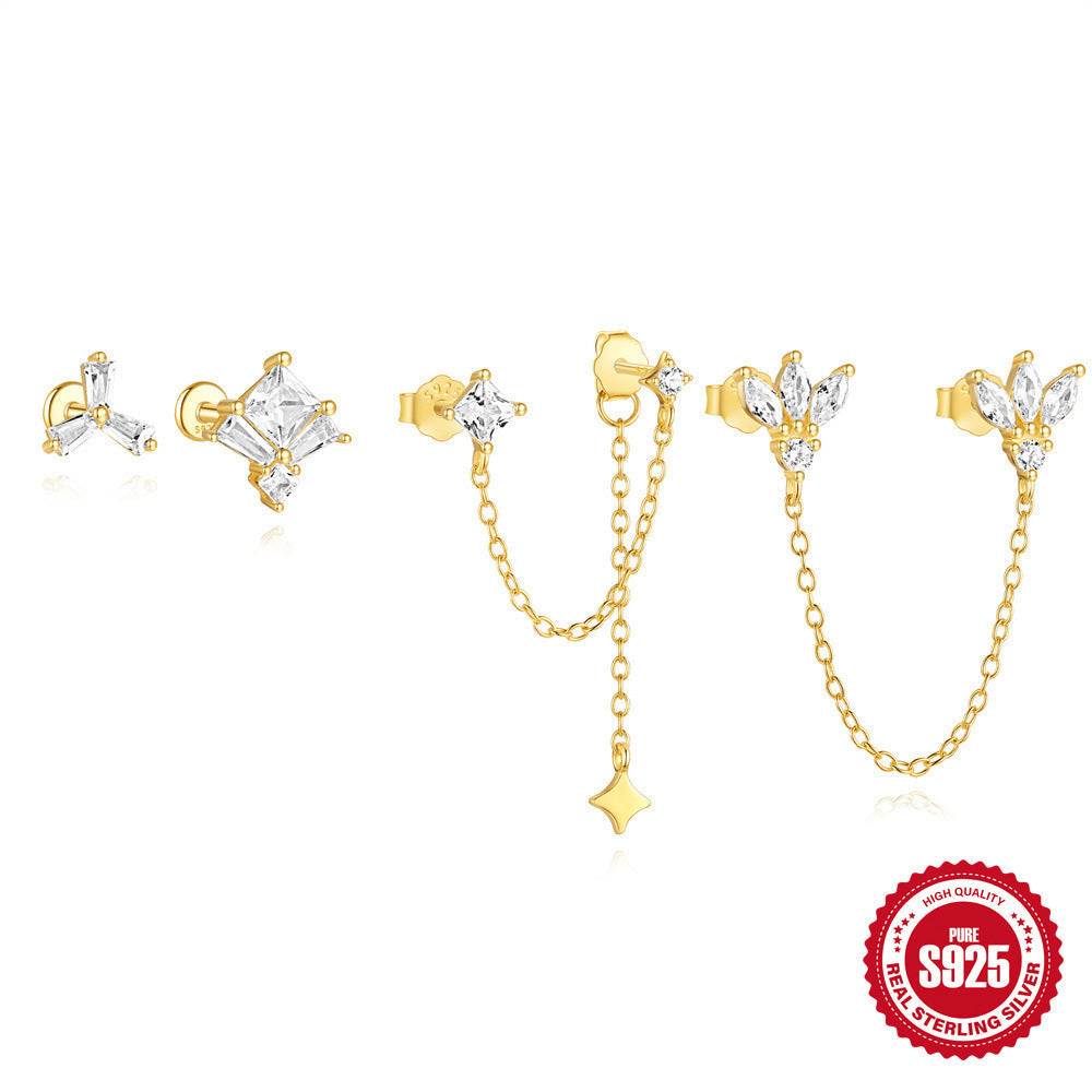 New S925 Sterling Silver Double Ear Piercings Zircon Chain Stud Earrings