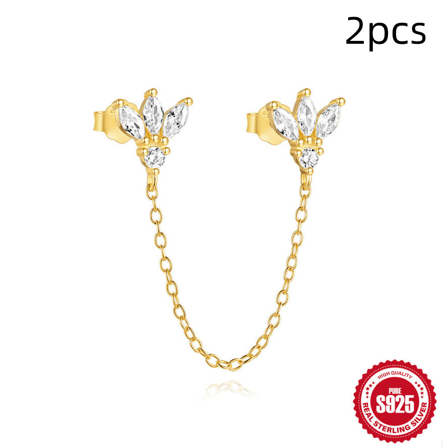 New S925 Sterling Silver Double Ear Piercings Zircon Chain Stud Earrings