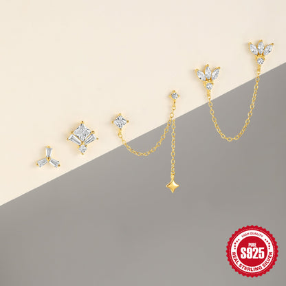 New S925 Sterling Silver Double Ear Piercings Zircon Chain Stud Earrings