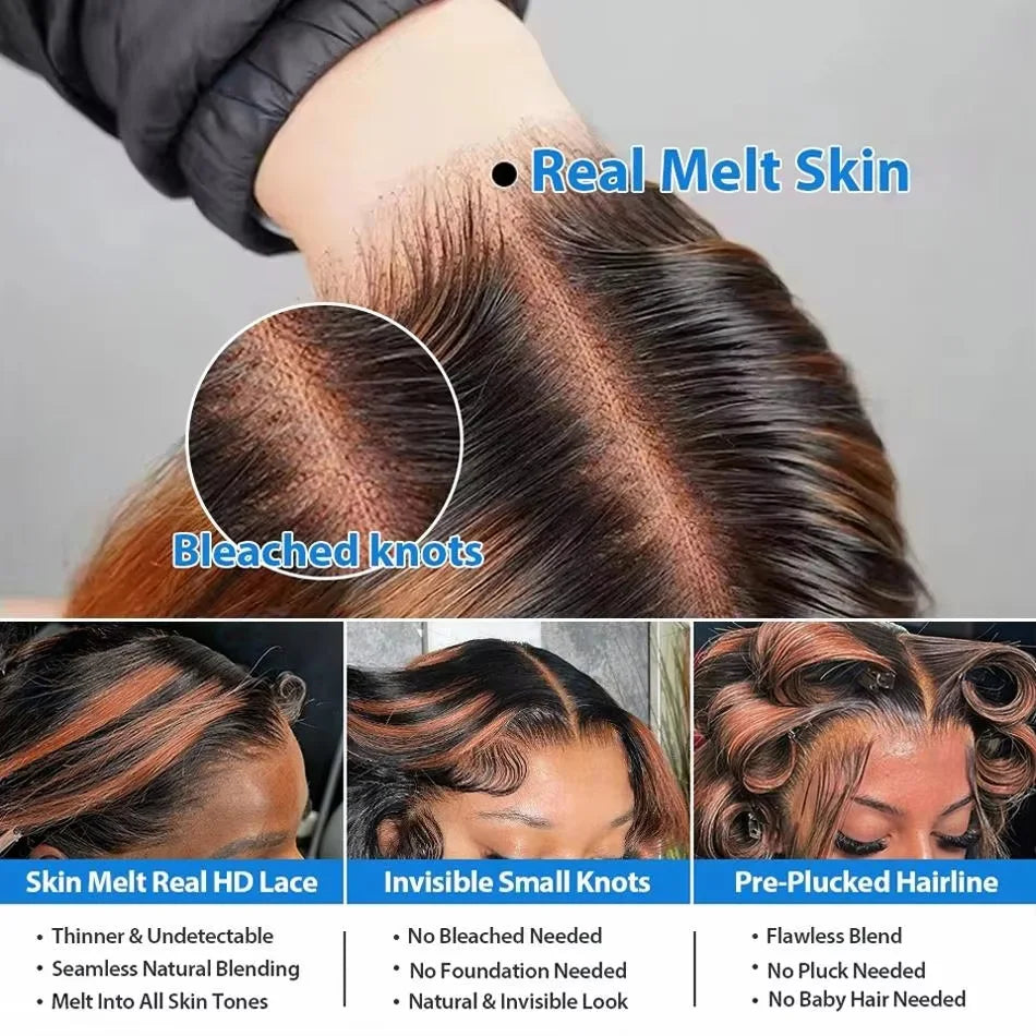 Ombre Highlight Body Wave 13x4 HD Lace Front Human Hair Wig Curly 1B/30 Black Brown Colored 13x6 Lace Frontal Wigs For Women