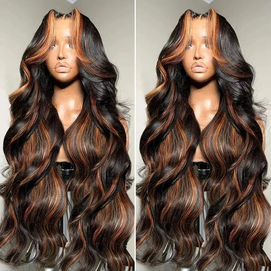 Ombre Highlight Body Wave 13x4 HD Lace Front Human Hair Wig Curly 1B/30 Black Brown Colored 13x6 Lace Frontal Wigs For Women