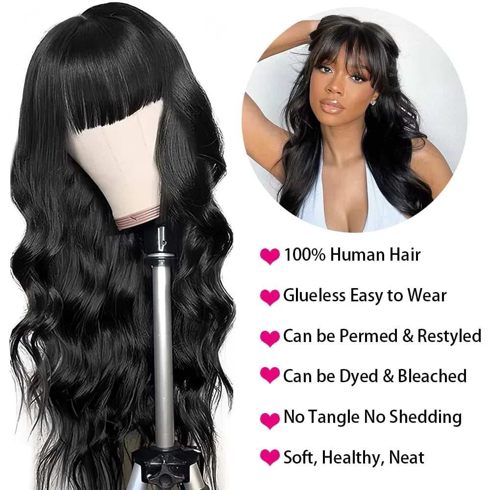 3X1 Glueless Wigs Human Hair with Bangs Body Wave Human Hair Wig with Bangs 3X1 Bleached Knots Lace Front Wig for Black Women