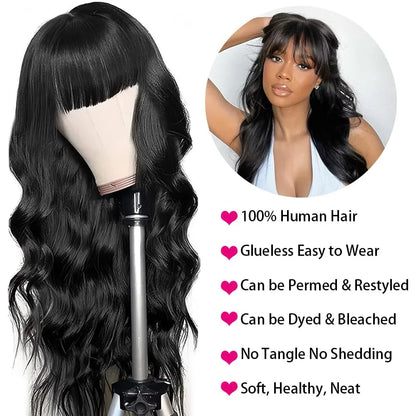 3X1 Glueless Wigs Human Hair with Bangs Body Wave Human Hair Wig with Bangs 3X1 Bleached Knots Lace Front Wig for Black Women