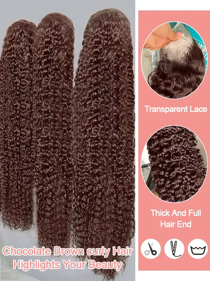 200% Chocolate Brown Deep Wave Human Hair Wig 30 34Inch Transparent Lace Frontal Wigs For Women 13x6 Lace Front Water Curly Wigs