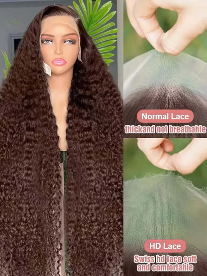 200% Chocolate Brown Deep Wave Human Hair Wig 30 34Inch Transparent Lace Frontal Wigs For Women 13x6 Lace Front Water Curly Wigs