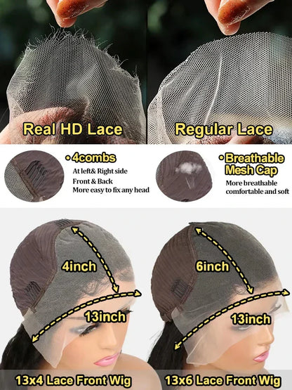 200 250 Density Brazilian Glueless 13x6 13x4 Body Wave Wig Lace Front 30 40 Inch Human Hair Pre Plucked HD Lace Frontal Wigs