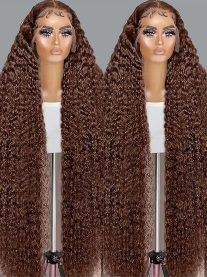 200% Chocolate Brown Deep Wave Human Hair Wig 30 34Inch Transparent Lace Frontal Wigs For Women 13x6 Lace Front Water Curly Wigs
