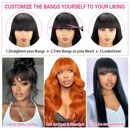 3X1 Glueless Wigs Human Hair with Bangs Body Wave Human Hair Wig with Bangs 3X1 Bleached Knots Lace Front Wig for Black Women