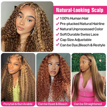 Highlight 13x6 Lace Frontal Wig Human Hair Brazilian Curly Wigs For Women Deep Water Wave HD Lace Wig  Transparent Colored Hair