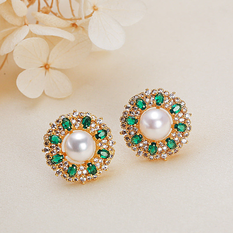 Flat Round Pearl Beccarite Gold Sun Flower Ear Studs