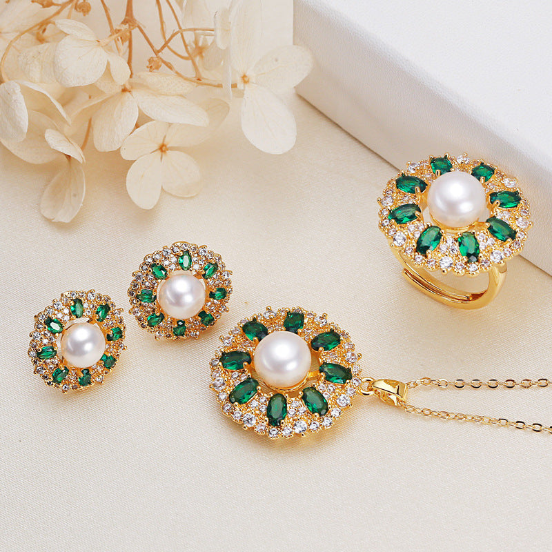 Flat Round Pearl Beccarite Gold Sun Flower Ear Studs