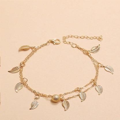 Frosted Round Beads, Small Leaves And Tassel Feet With Double-Layer Anklets