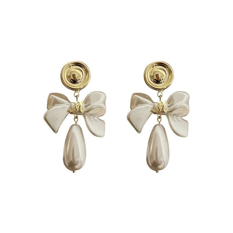 French Style Vintage Bow Water Drop Pearl Stud Earrings