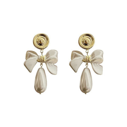 French Style Vintage Bow Water Drop Pearl Stud Earrings