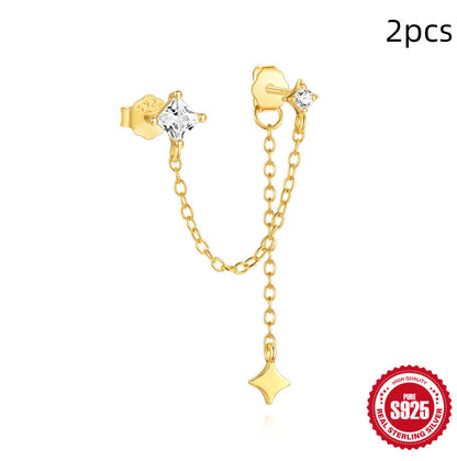 New S925 Sterling Silver Double Ear Piercings Zircon Chain Stud Earrings