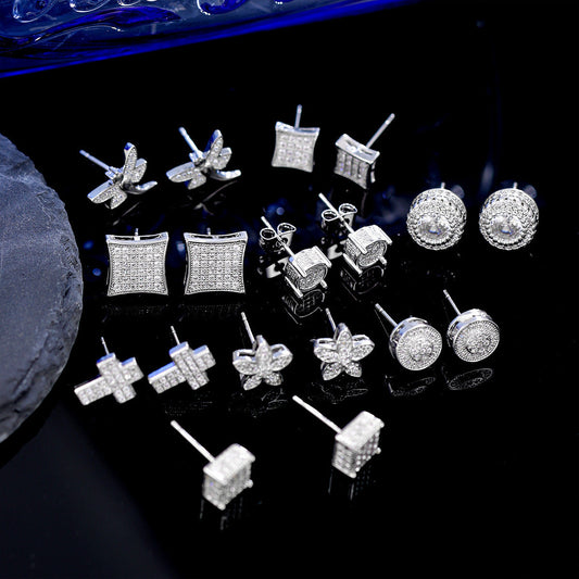 High-end Bezel Setting Round Zircon Micro Inlaid Zircon Multi-style Stud Earrings