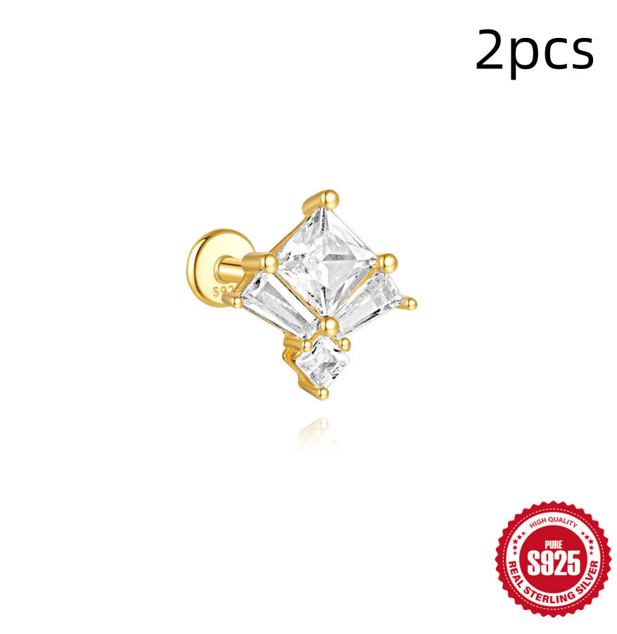 New S925 Sterling Silver Double Ear Piercings Zircon Chain Stud Earrings